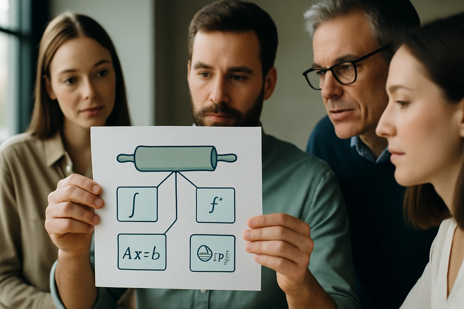 Négy ember egy matematikai diagramot néz, amely integrálokat és egyenleteket tartalmaz.