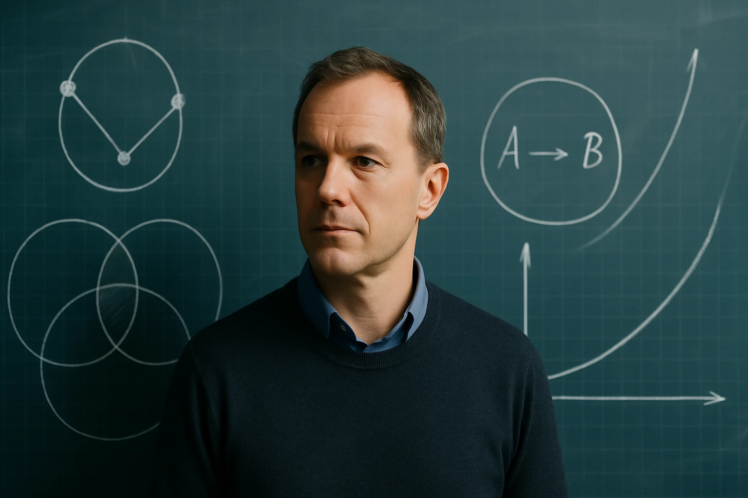 Egy férfi áll egy zöld táblán, amelyen matematikai diagramok láthatók.