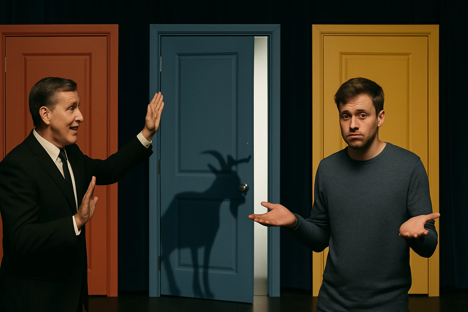 Két férfi áll különböző színű ajtók előtt, az egyikük meglepett, a másik magyaráz.