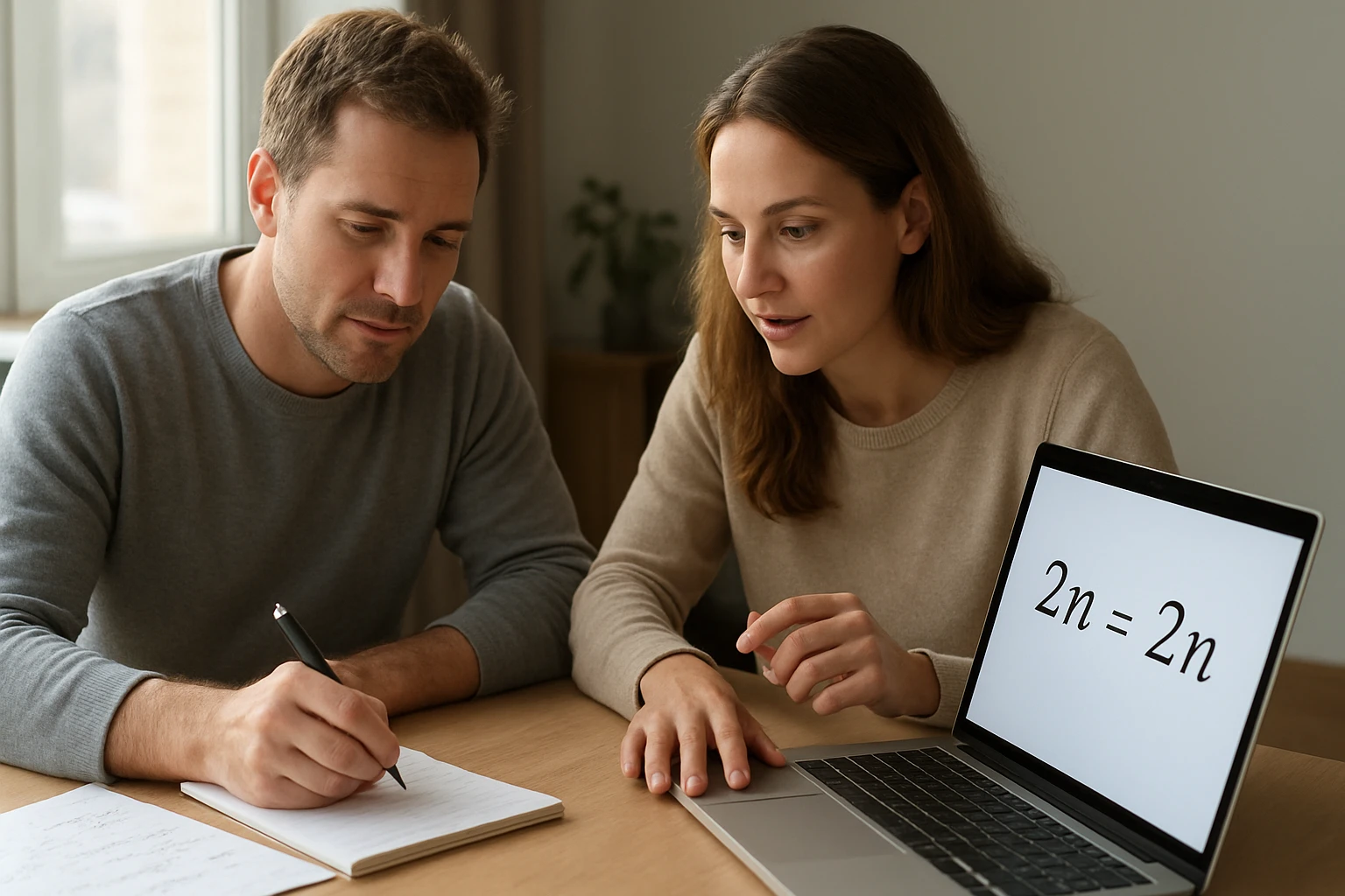Két fiatal felnőtt egy laptop előtt ül, matematikai egyenletet tanulmányoznak.