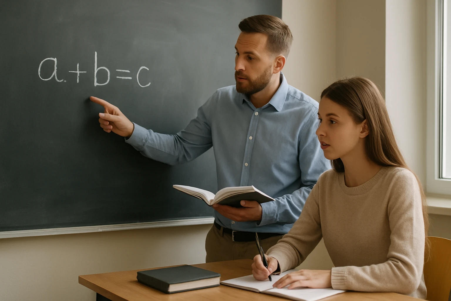 Egy tanár a táblánál magyaráz egy matematikai egyenletet, míg a diák figyel.