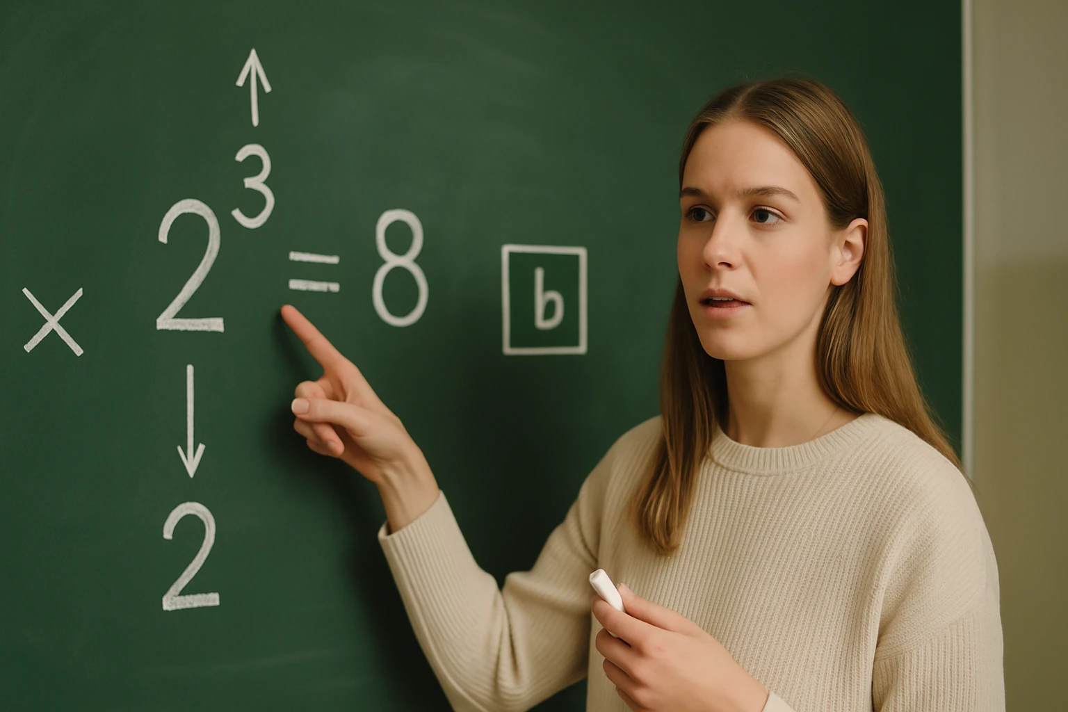 Egy nő a táblánál matematikai egyenletet magyaráz, 2 a harmadik hatványon.