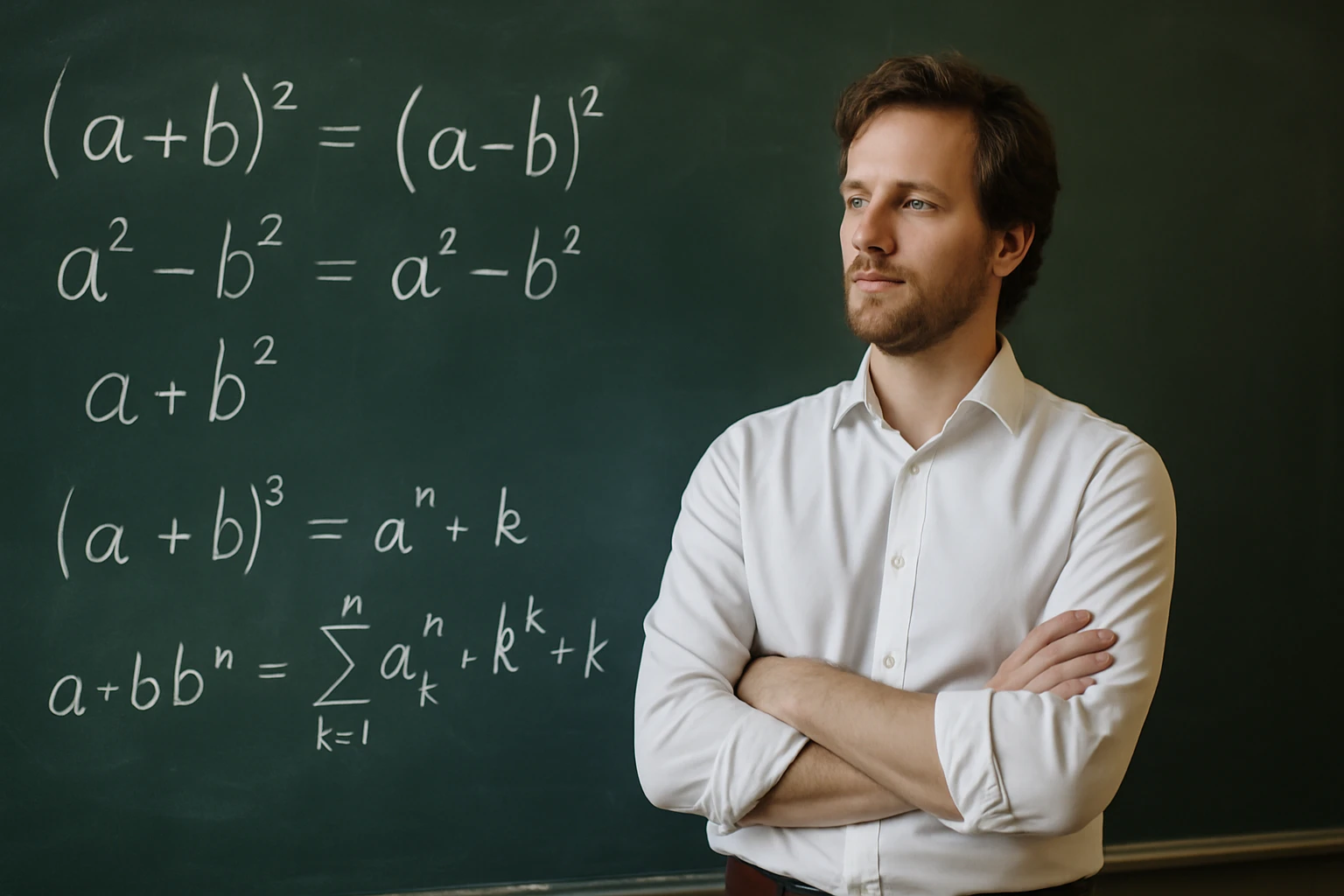 Egy férfi áll a táblánál, matematikai egyenletek láthatók a háttérben.