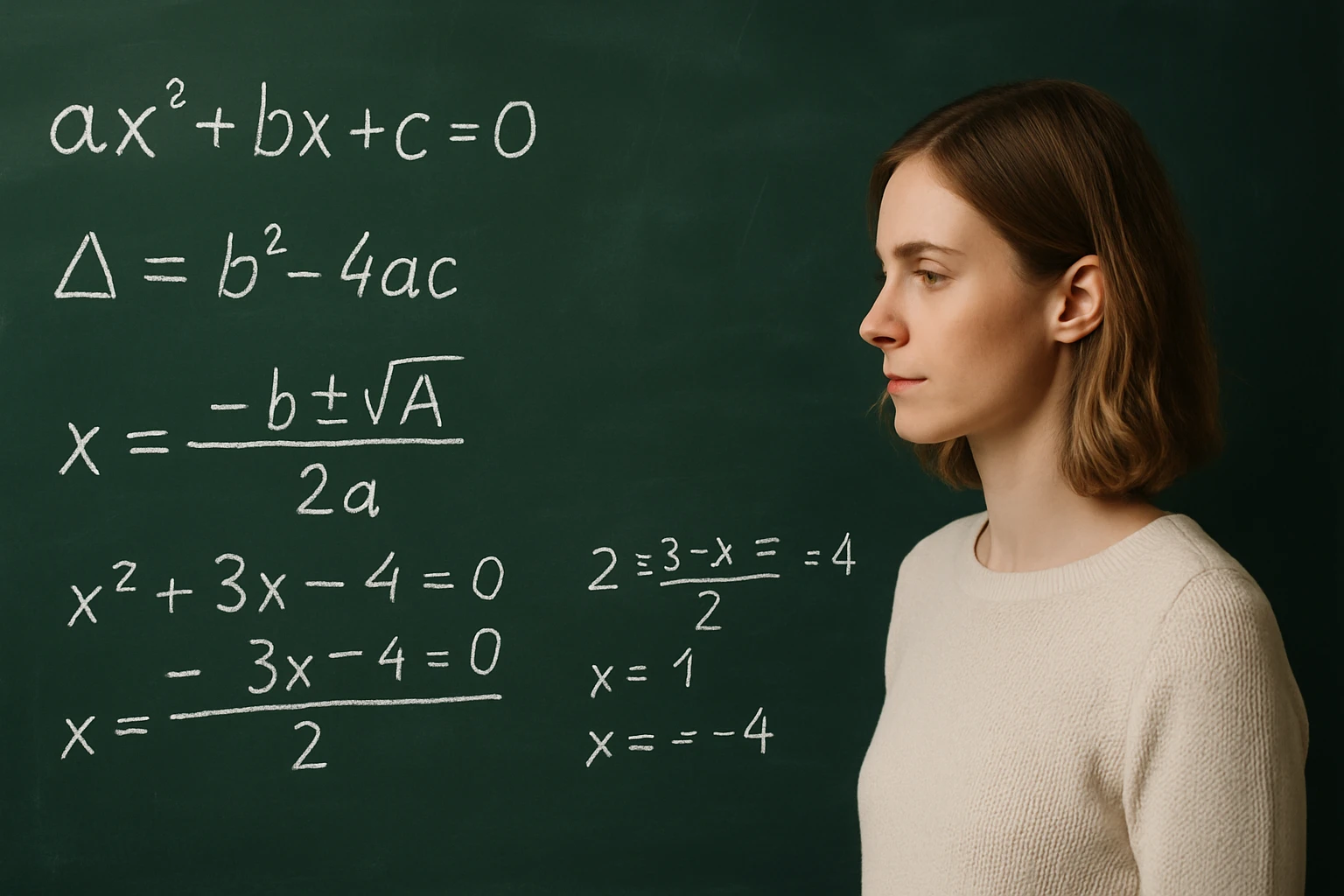 Egy nő áll egy zöld táblán, amelyen matematikai egyenletek láthatók.