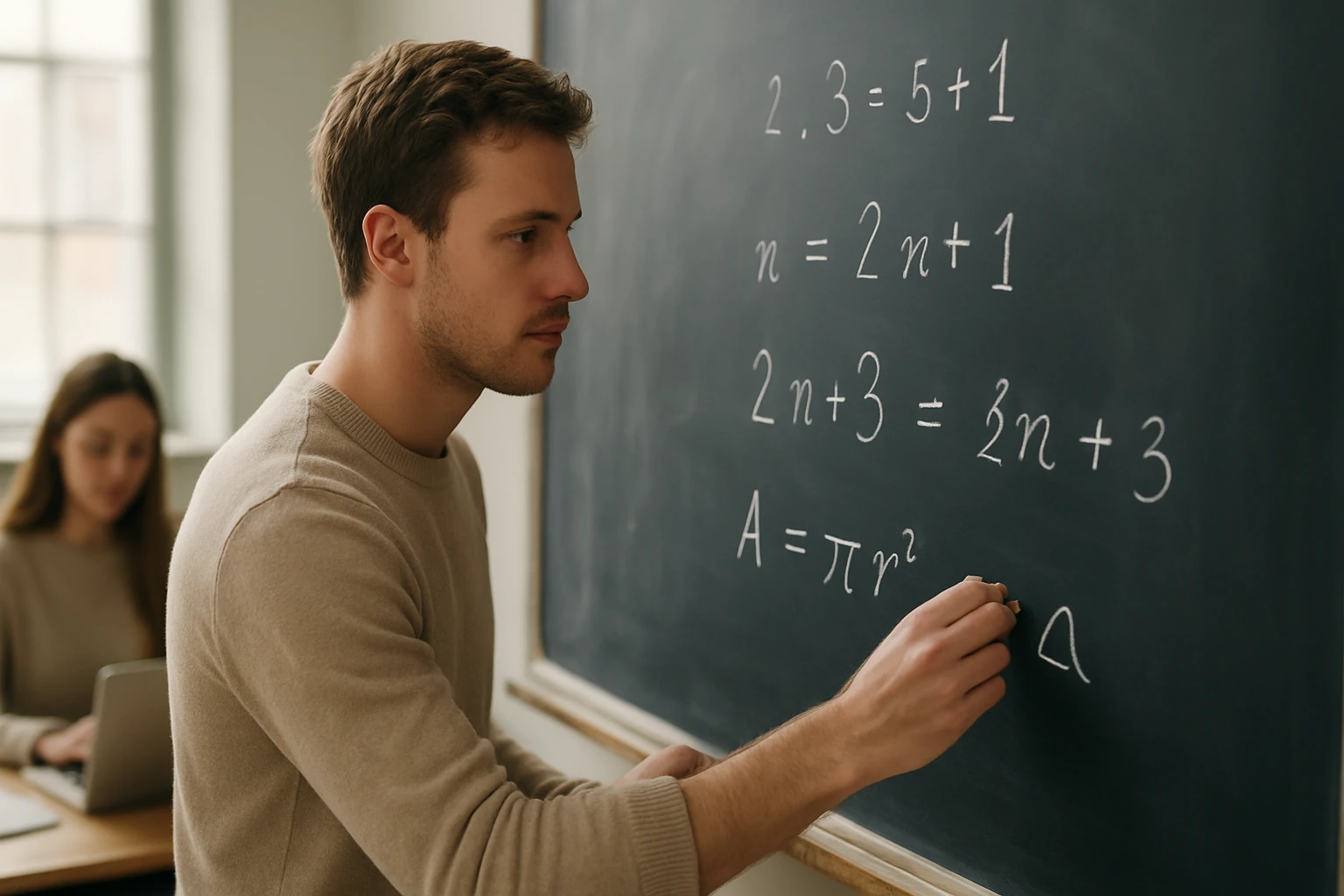 Egy fiatal férfi matematikai egyenleteket ír a táblára, háttérben egy nő.