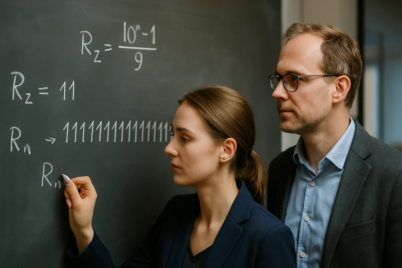 Egy nő a táblára ír, miközben egy férfi figyeli a matematikai egyenleteket.