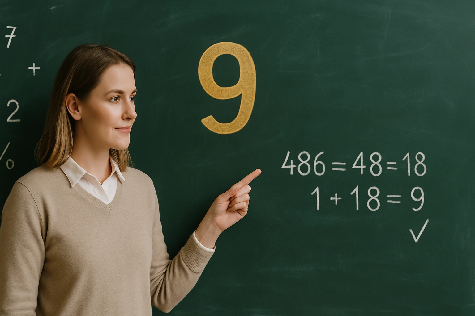 Egy tanárnő a táblánál mutat egy matematikai egyenletre, amely a 9-es számot is tartalmazza.
