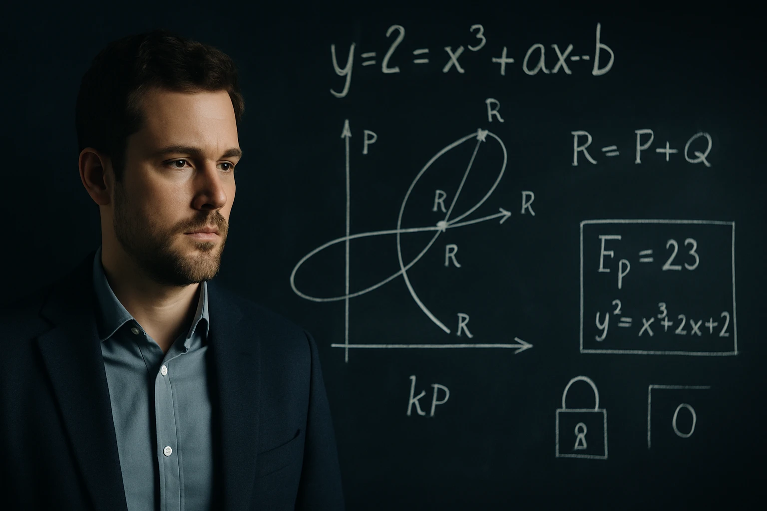 Egy férfi áll egy táblánál, amelyen matematikai egyenletek és grafikonok láthatók.