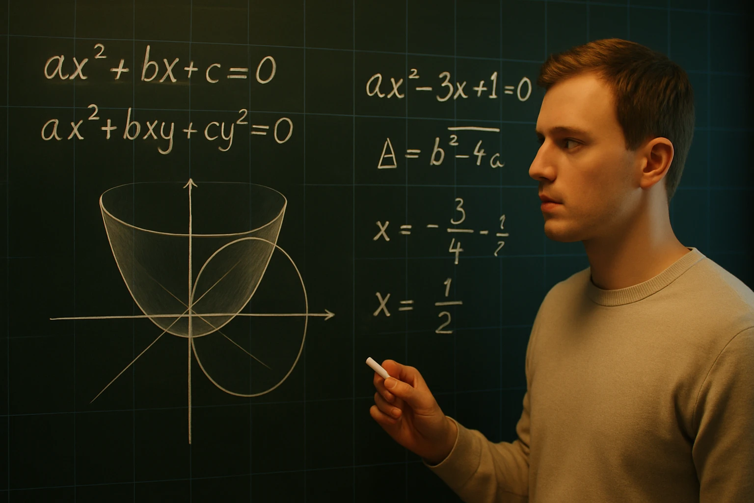 Egy fiatal férfi a táblán lévő matematikai egyenleteket tanulmányozza.