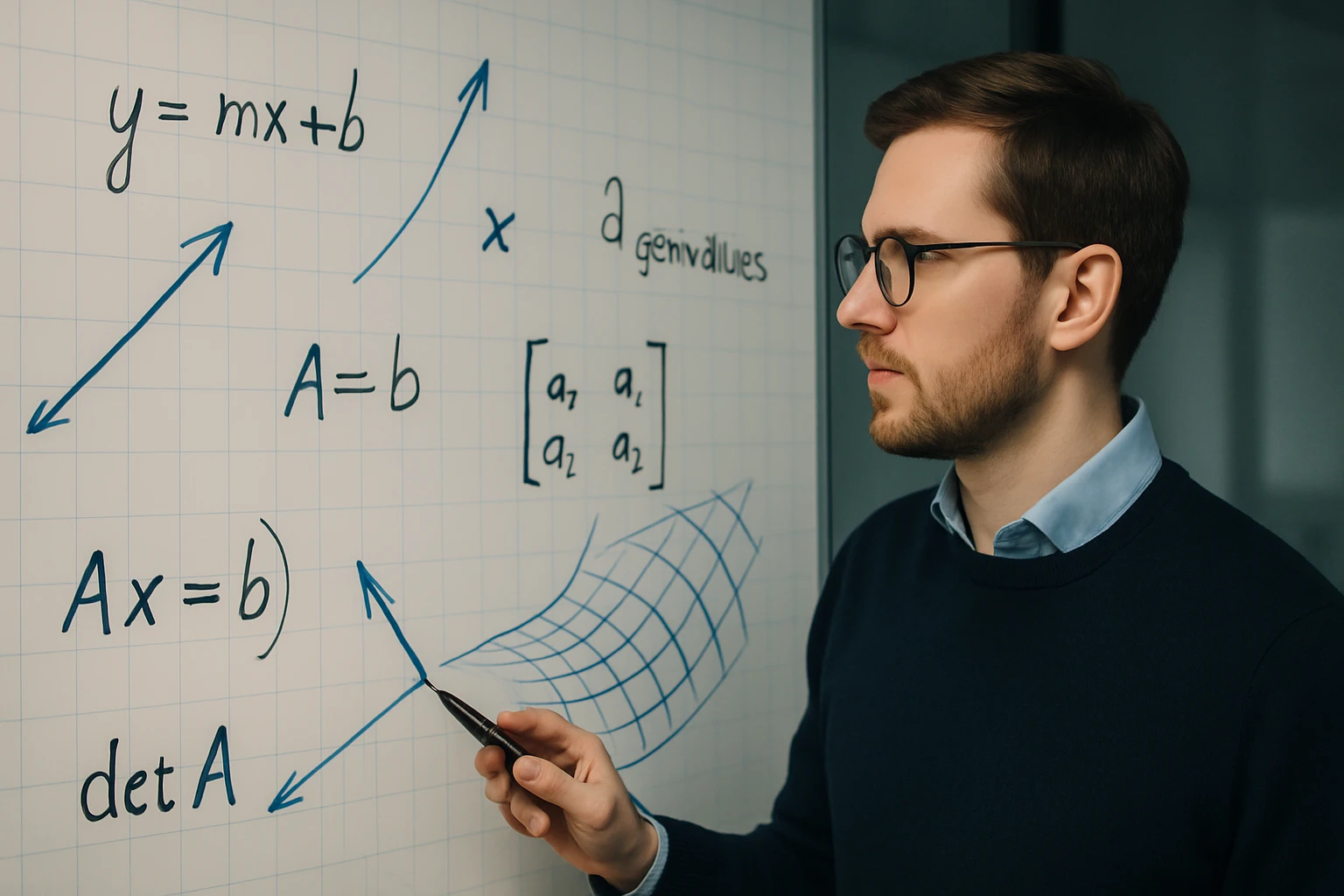 Egy férfi matematikai egyenleteket ír a táblára, beleértve a lineáris egyenletet.