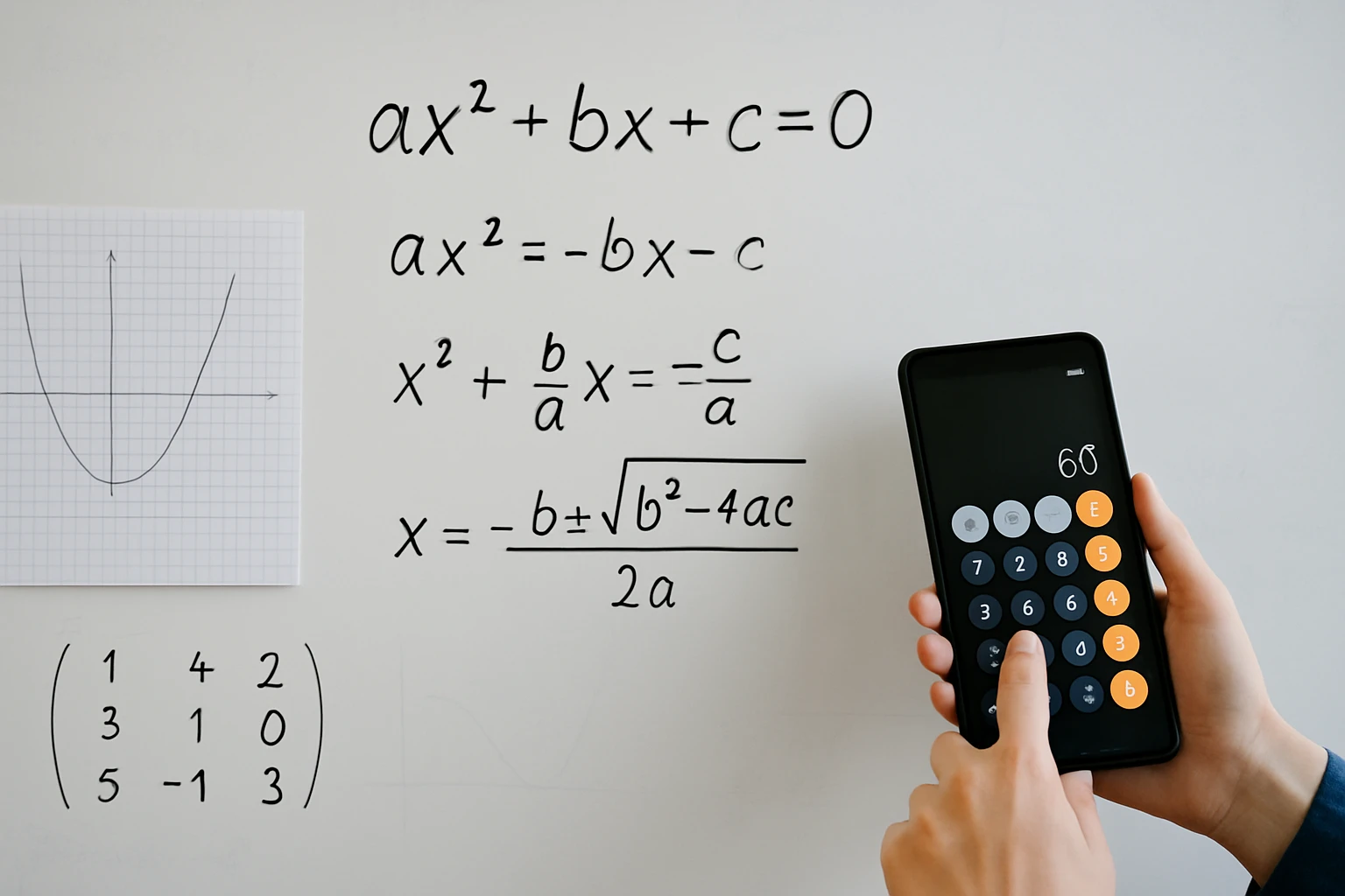 Egy kéz okostelefonon számol, háttérben matematikai egyenletek és grafikon.