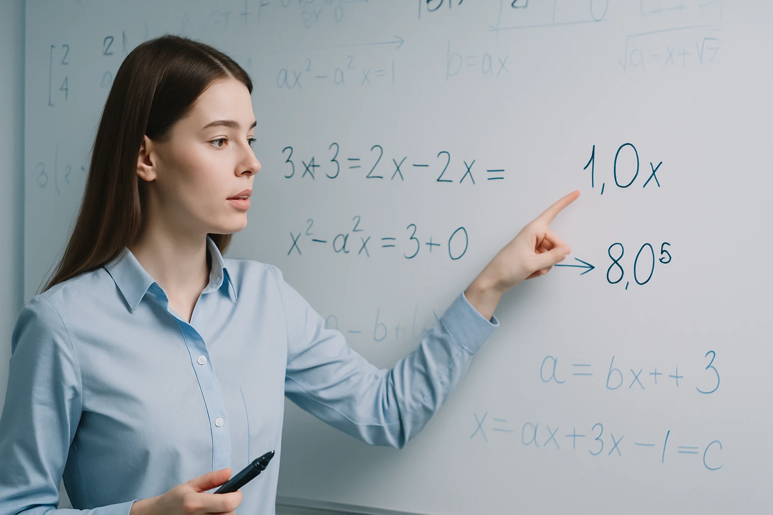 Egy fiatal nő matematikai egyenleteket magyaráz egy táblán.