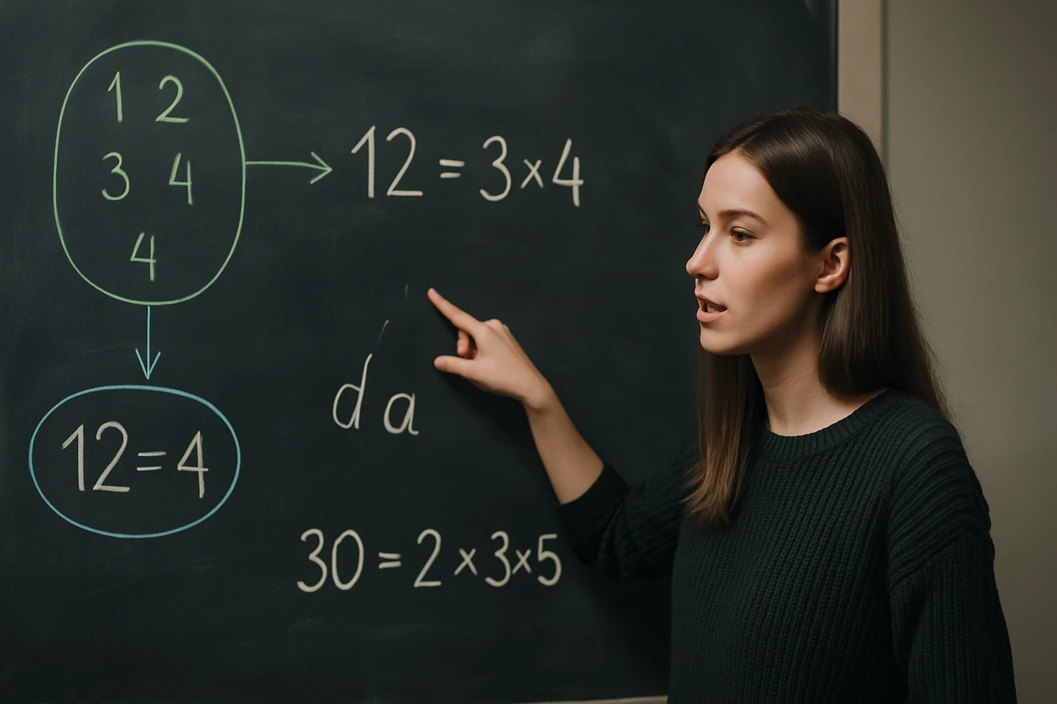 Egy tanárnő a táblánál matematikai egyenleteket magyaráz.