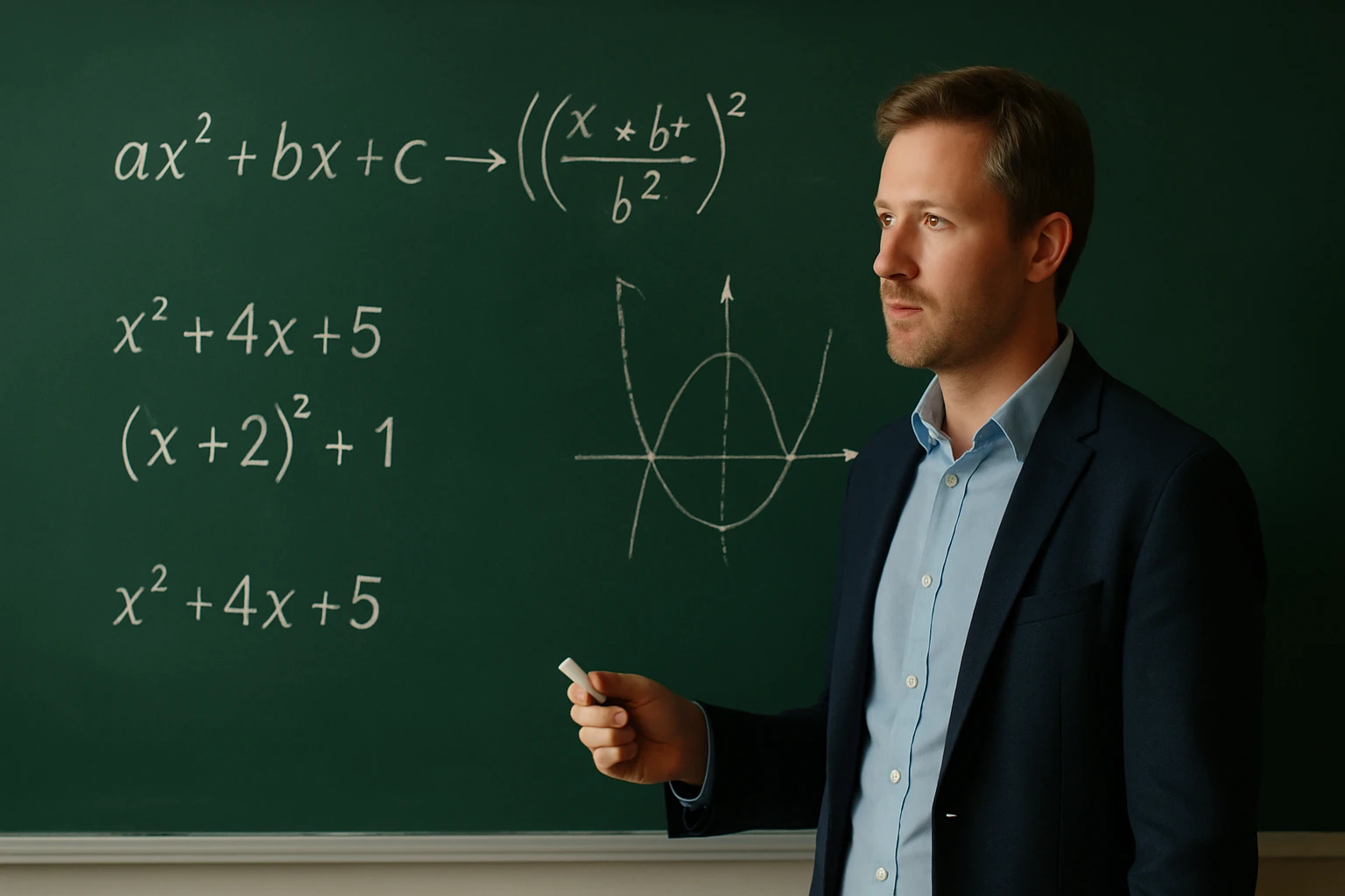 Egy férfi a táblánál, matematikai egyenleteket magyaráz, grafikon mellett.