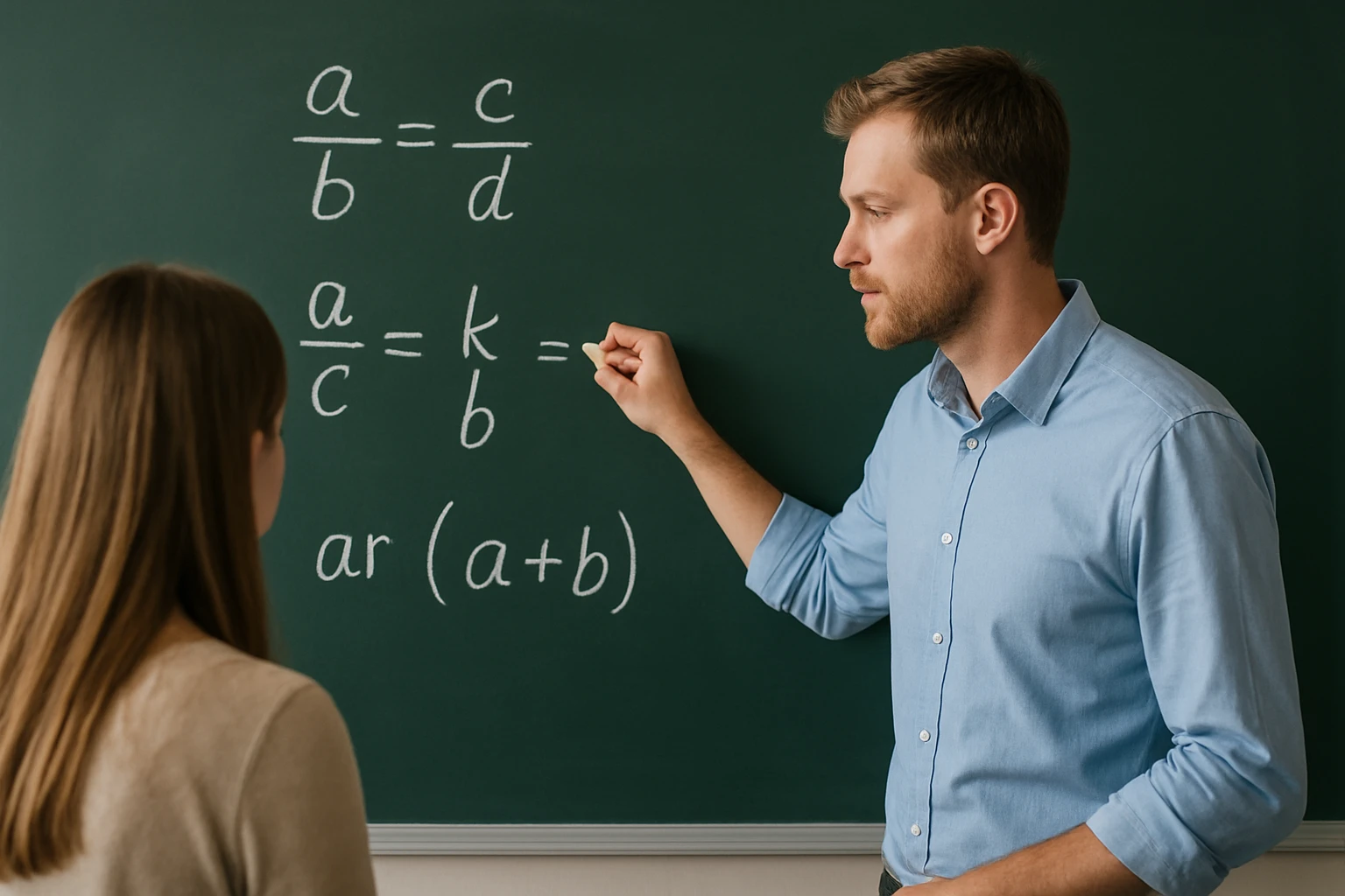 Egy tanár matematikai egyenleteket ír a táblára, miközben diákja figyel.