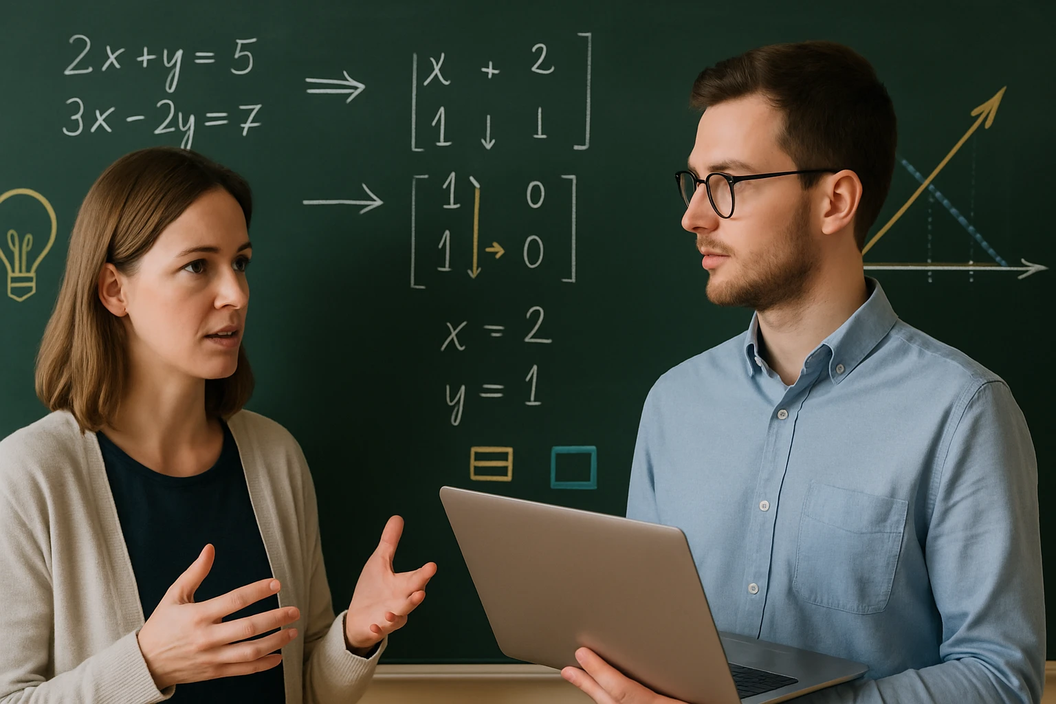 Két ember beszélget matematikai egyenletekről egy táblánál.