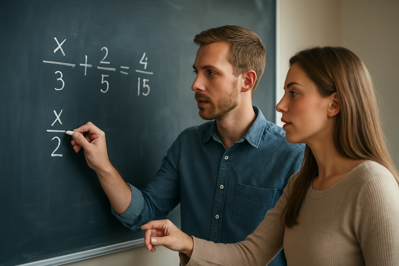 Két fiatal felnőtt matematikai egyenletet old meg egy táblán.