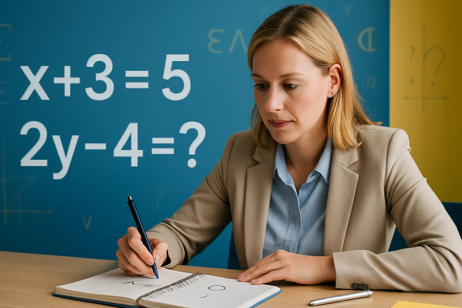 Egy nő matematikai egyenleteket ír egy jegyzetfüzetbe, koncentrálva.