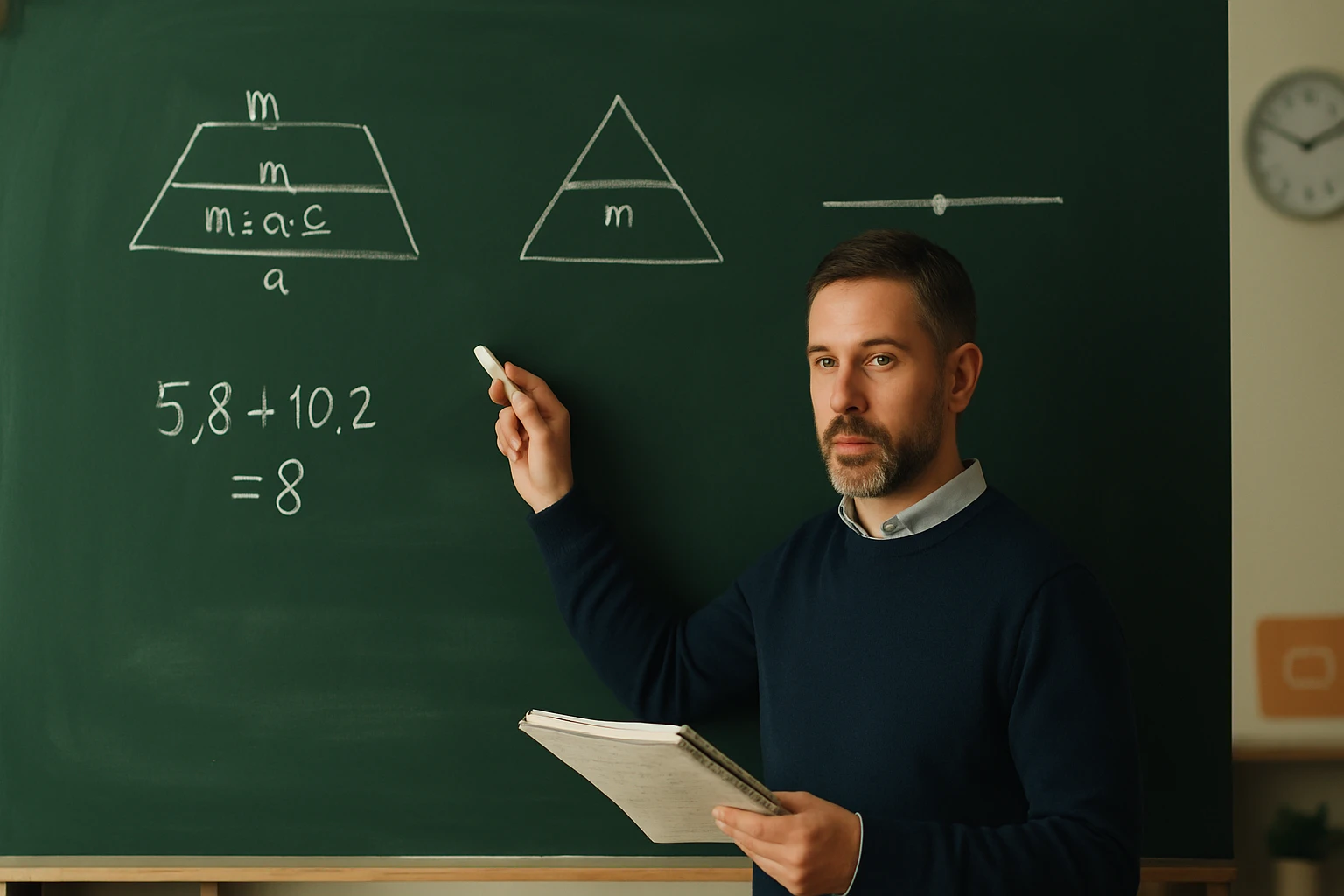 Egy tanár a táblán matematikai egyenleteket magyaráz, miközben jegyzetel.