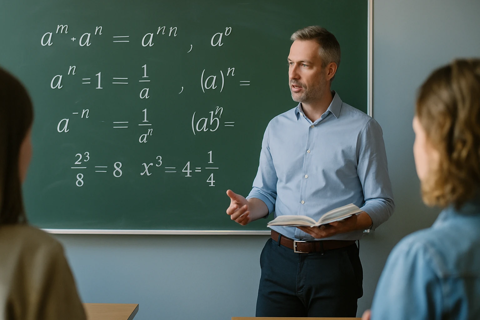 Egy tanár a táblánál matematikai egyenleteket magyaráz diákoknak.