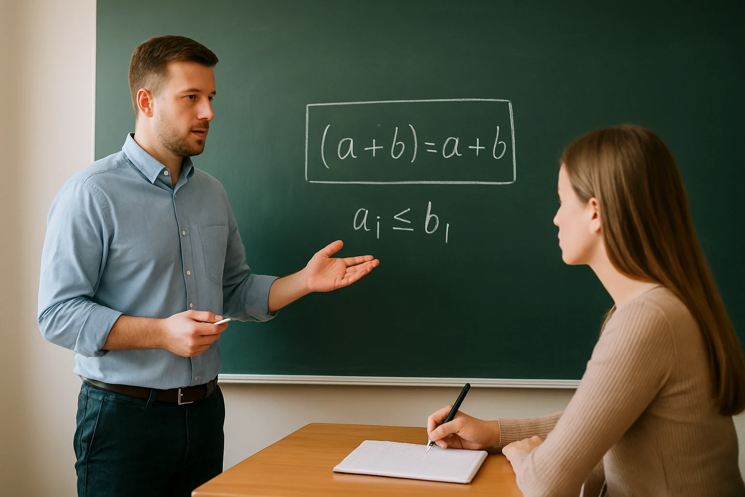 Egy tanár magyaráz matematikai egyenleteket egy diák számára.