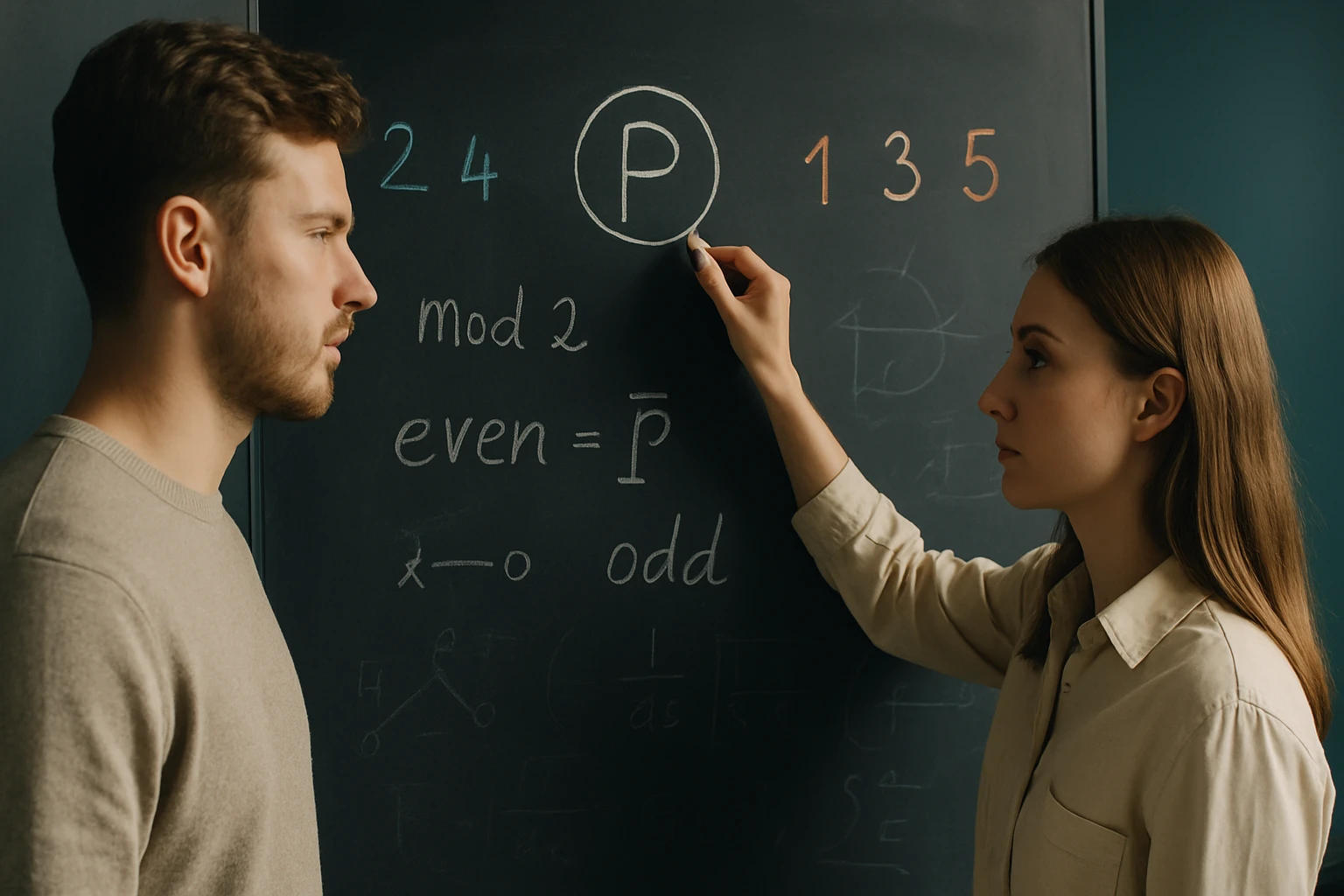 Két fiatal, egy férfi és egy nő, matematikai egyenleteket írnak táblára.