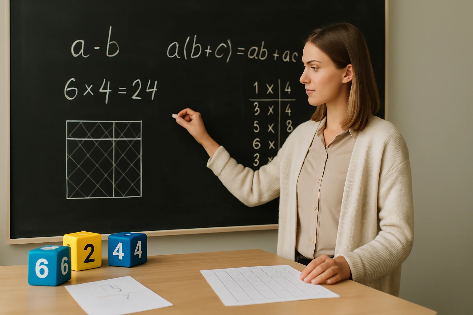 Egy nő a táblánál matematikai egyenleteket ír, számokkal és grafikonokkal dolgozik.