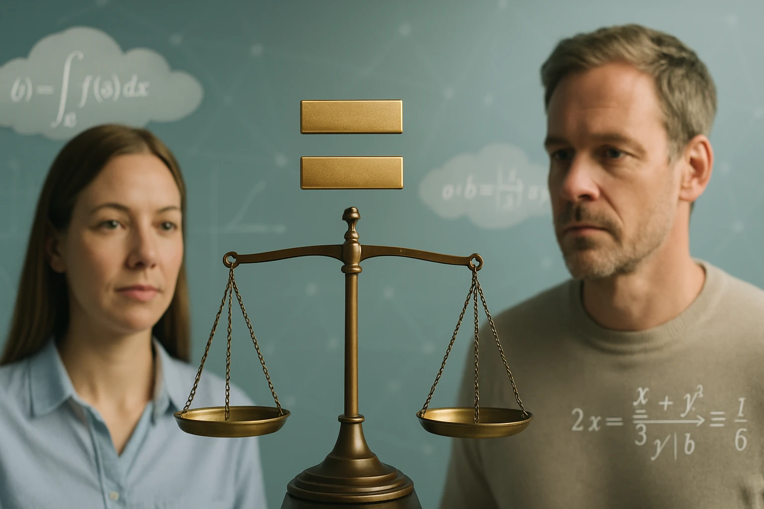 Egy nő és egy férfi néz egy mérlegre, amely az egyenlőséget szimbolizálja, matematikai képletekkel a háttérben.