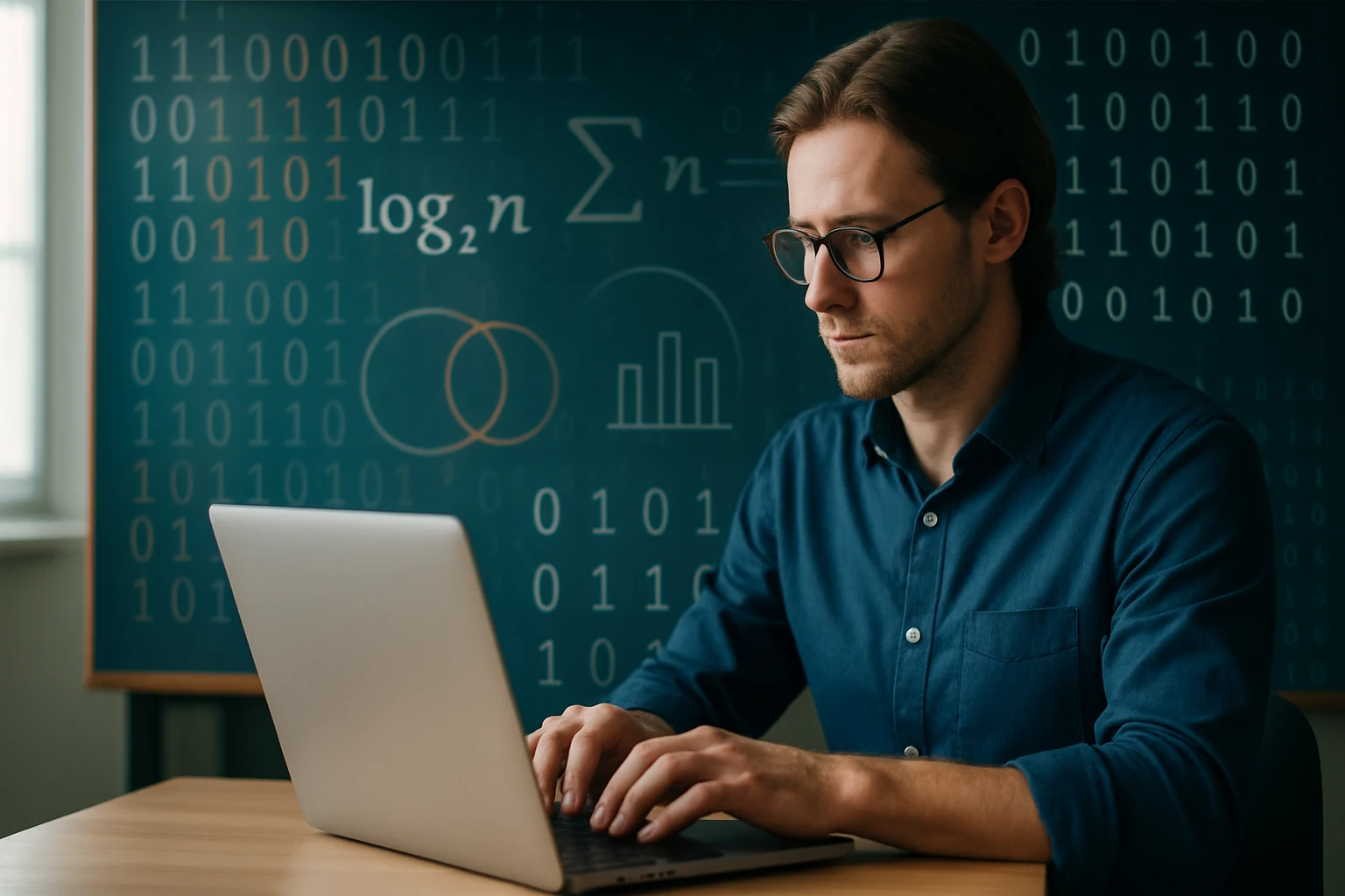 Egy fiatal férfi számítógépen dolgozik, matematikai képletek és bináris számok háttérrel.