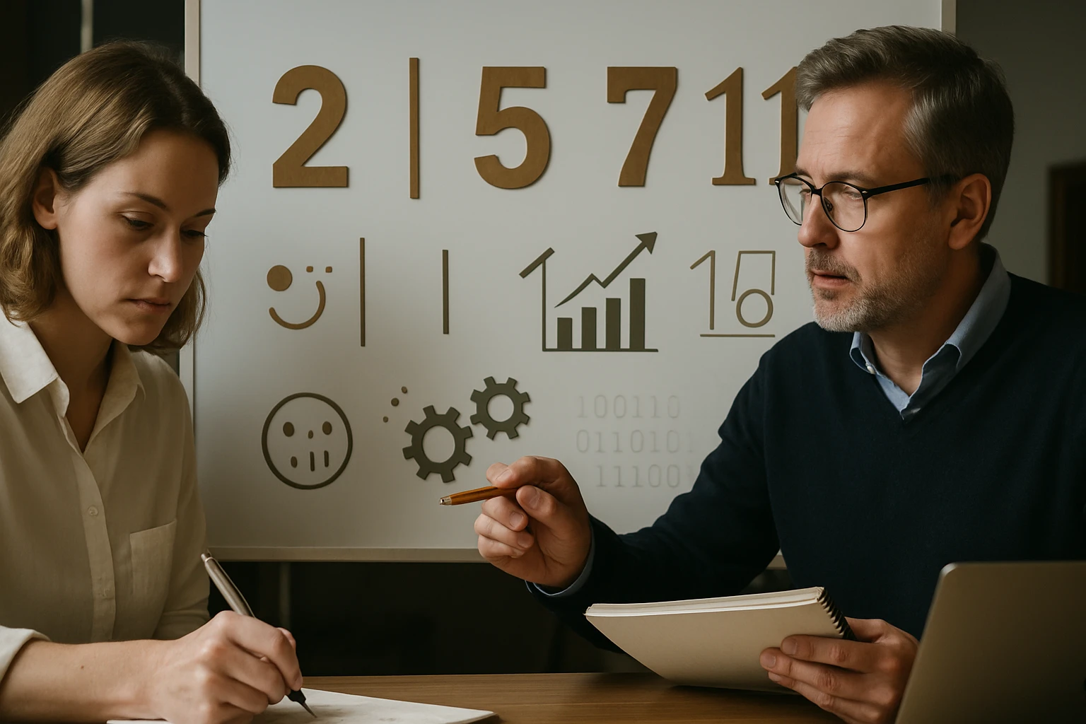 Két ember, egy férfi és egy nő, matematikai grafikont és számokat elemznek.