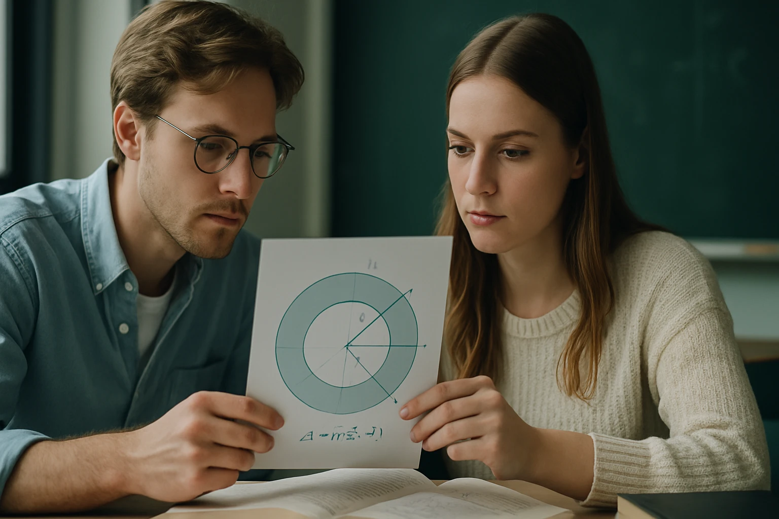 Két fiatal, egy férfi és egy nő, matematikai grafikont néznek egy papíron.