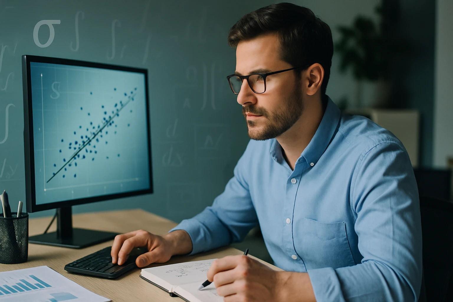 Egy fiatal férfi matematikai grafikonokat elemez a számítógépén.