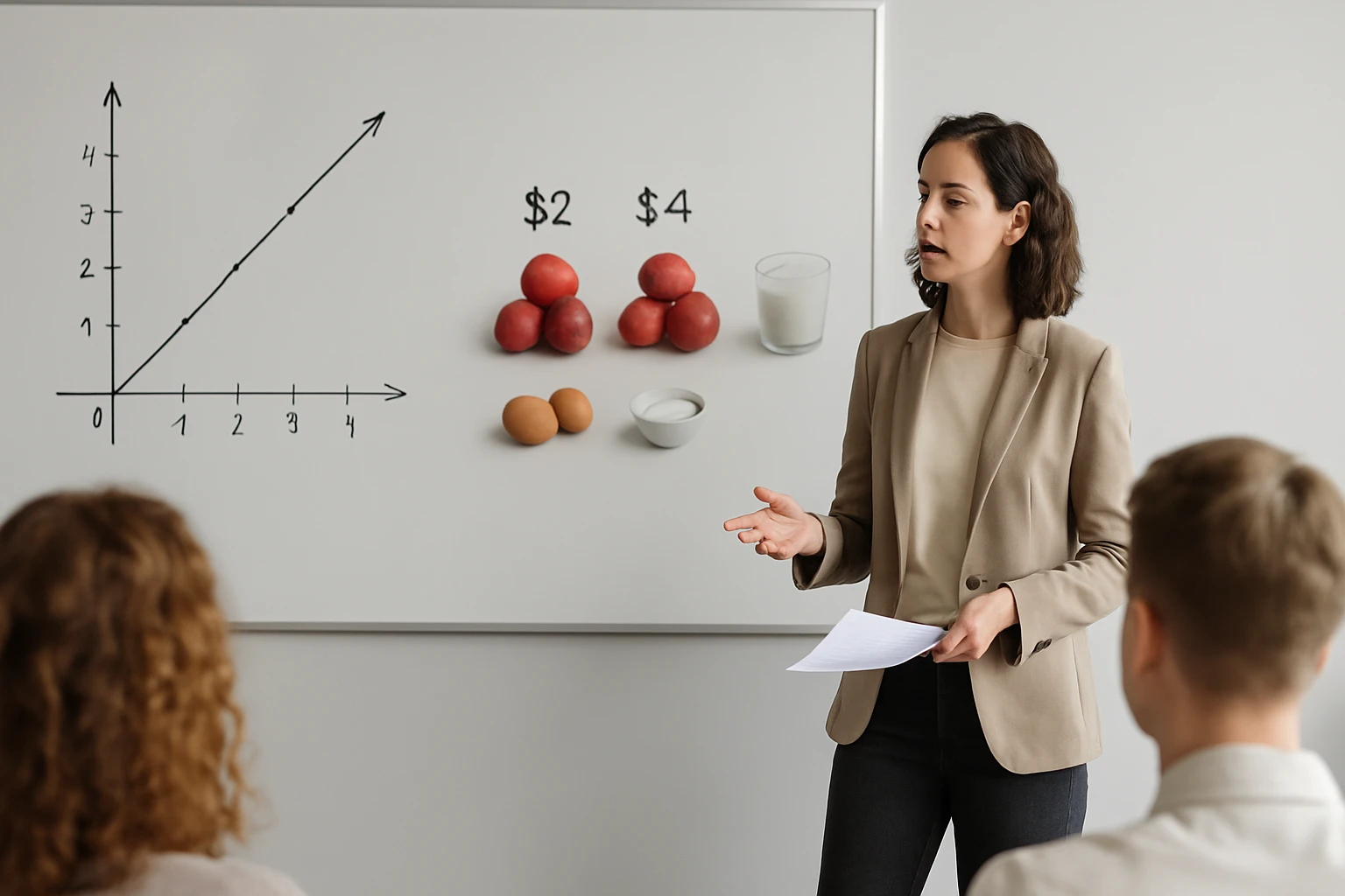 Egy nő előadást tart, miközben egy grafikon és élelmiszerárak láthatók a táblán.