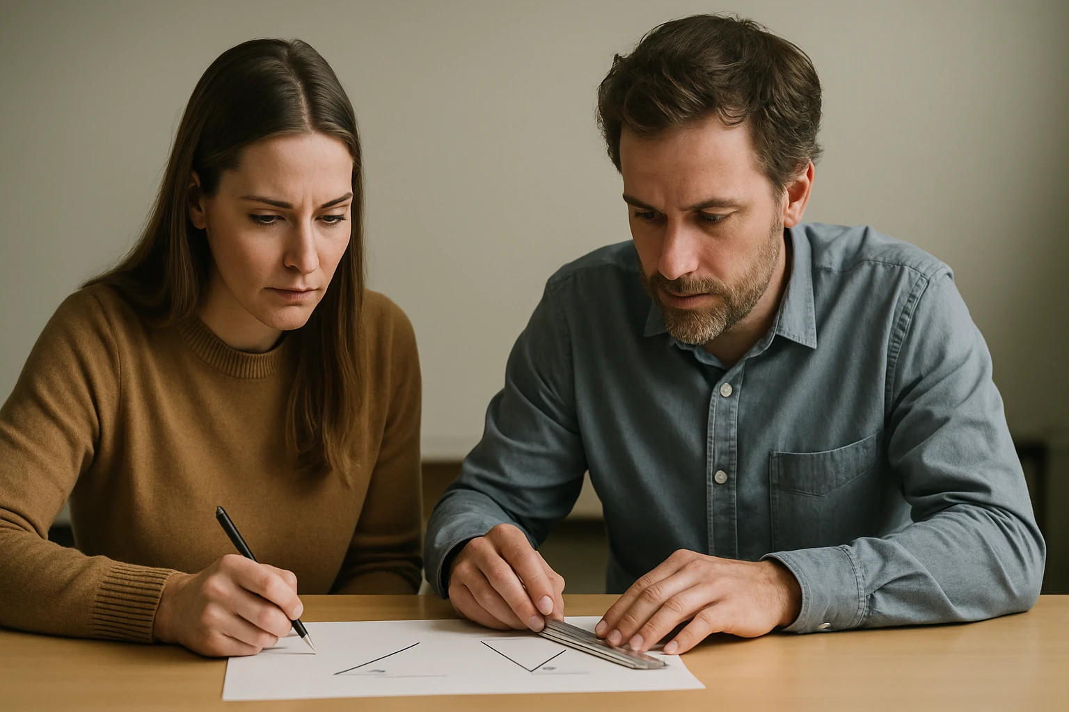 Két ember matematikai feladatot old meg, vonalzót és ceruzát használva.