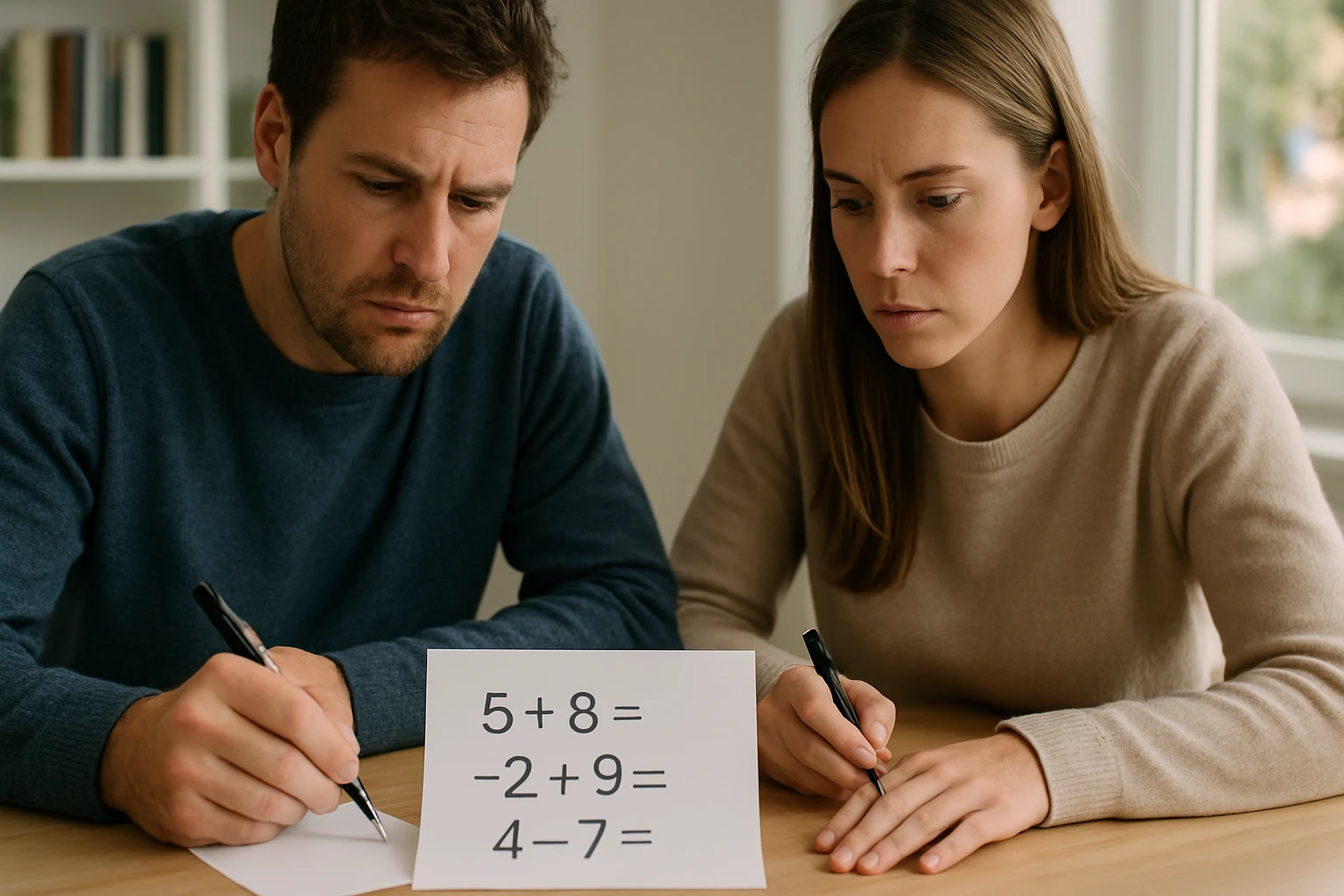 Két ember matematikai feladatokat old meg egy asztalnál, koncentrált arccal.