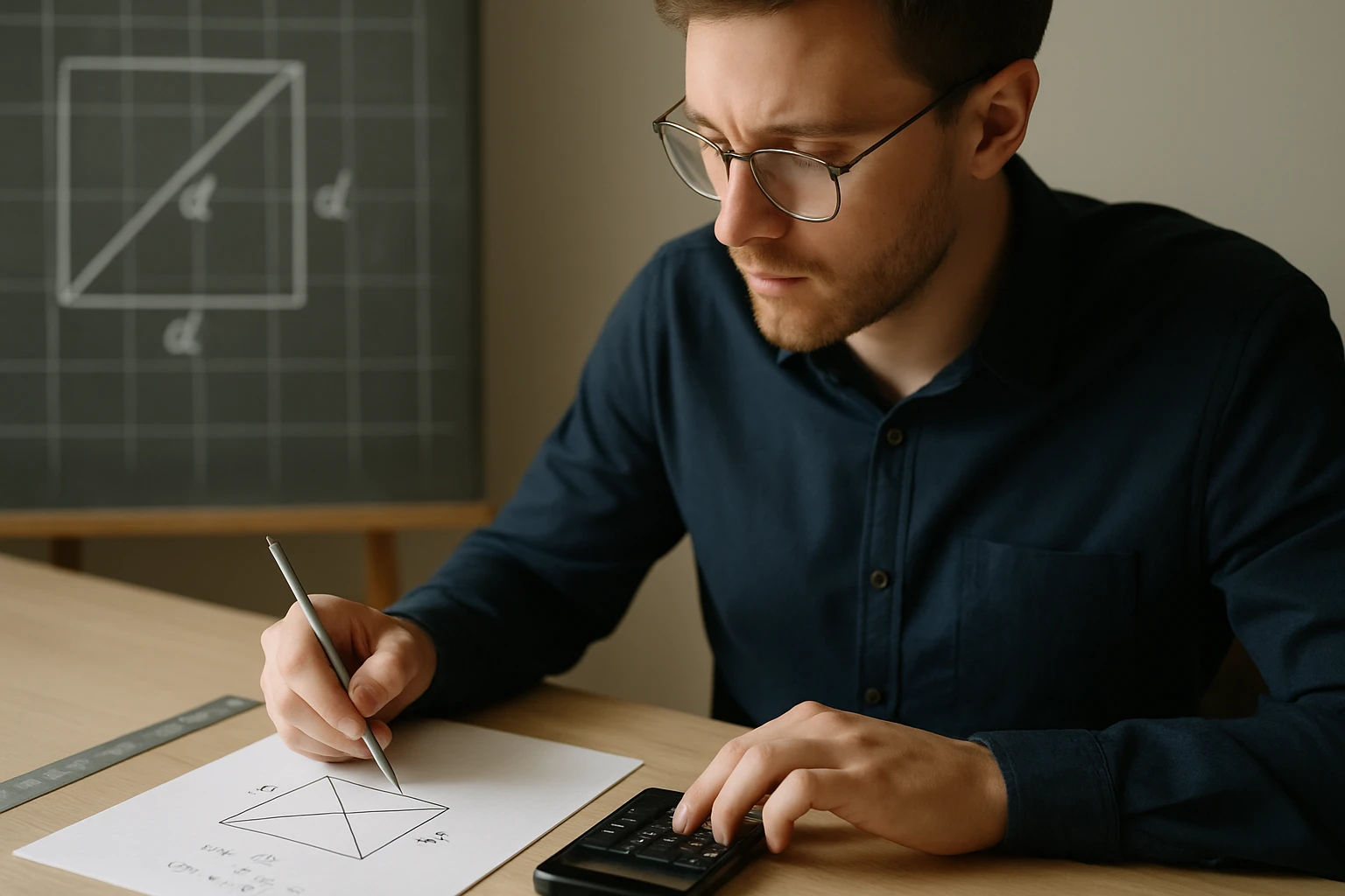 Egy fiatal férfi matematikai feladatot old meg papíron, kalkulátorral.