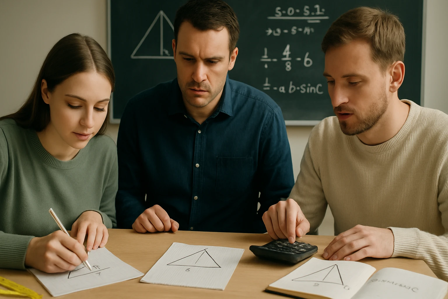 Három fiatal felnőtt matematikai feladatot old meg, papíron rajzolt háromszögekkel.