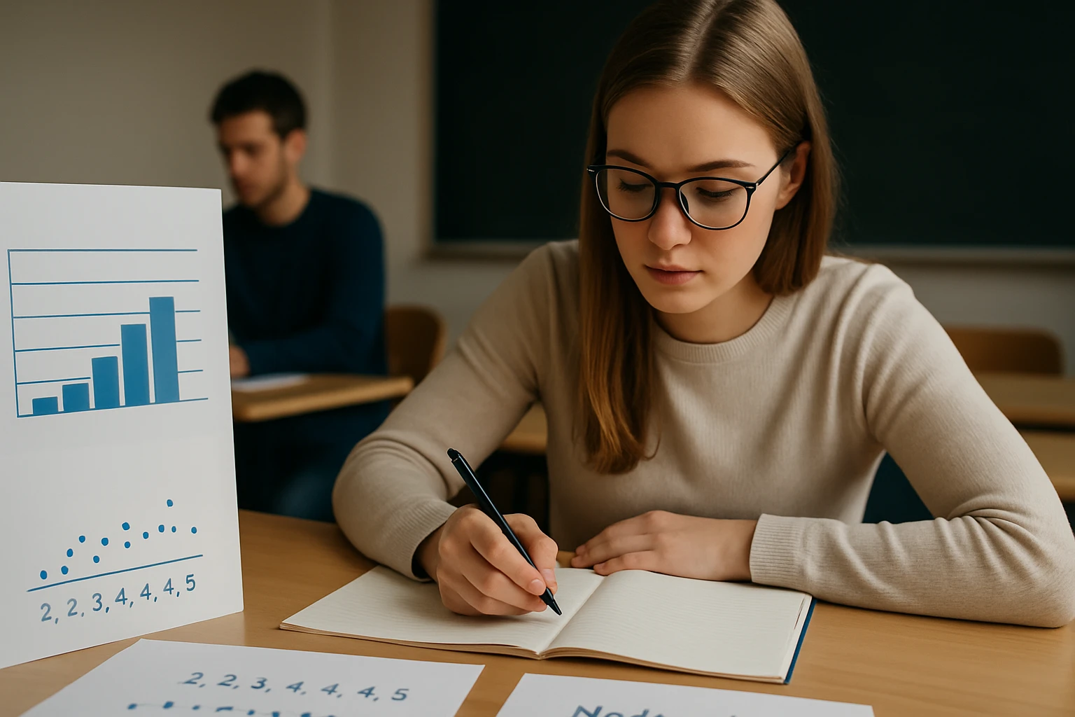 Egy diák matematikai feladatot old meg, grafikon és adatok előtt ülve.