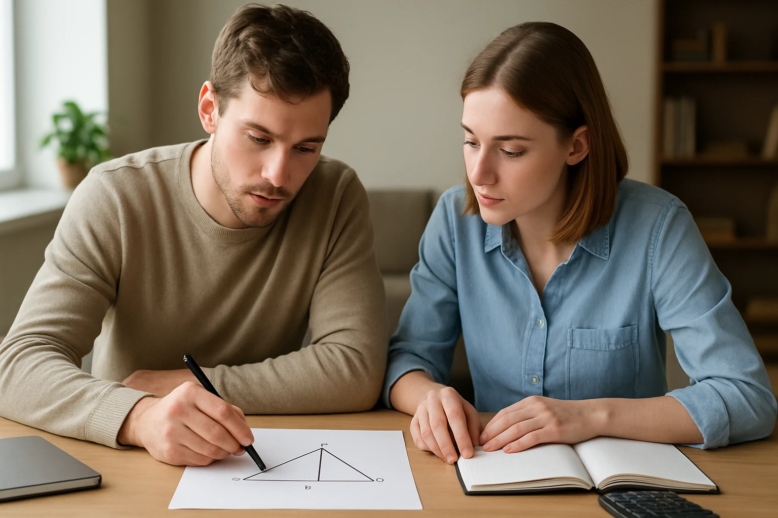 Két fiatal, egy férfi és egy nő, matematikai feladatot oldanak meg egy asztalnál.