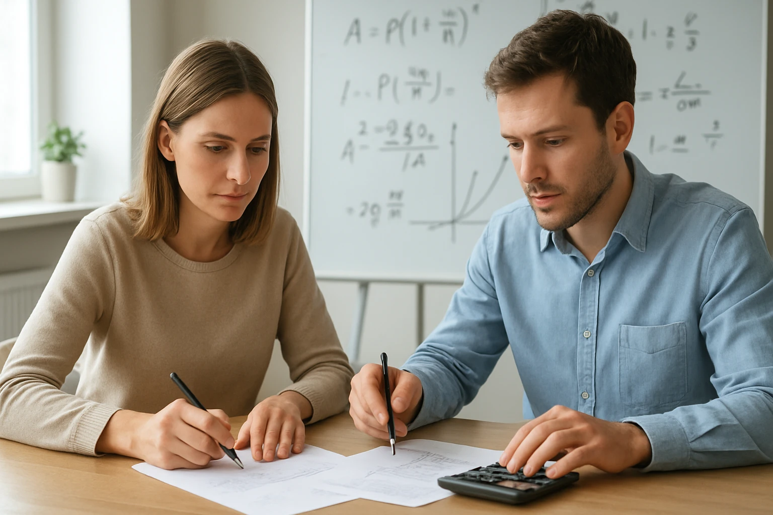 Két fiatal felnőtt matematikai feladatokat old meg egy asztalnál.