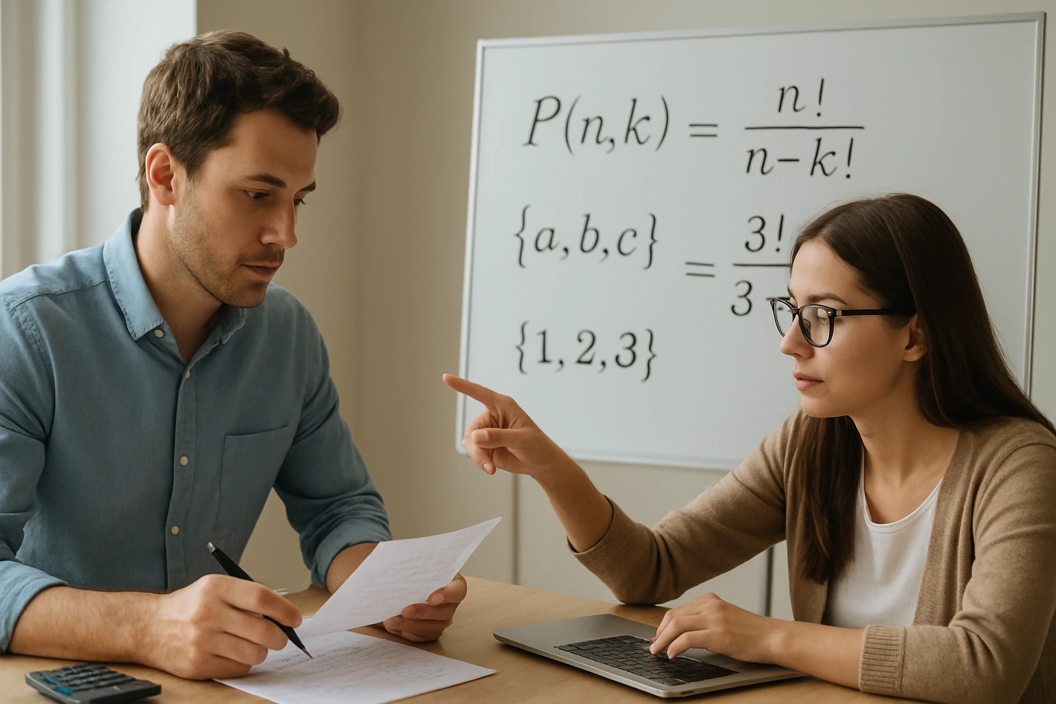 Két fiatal felnőtt matematikai feladatot old meg egy asztalnál ülve.