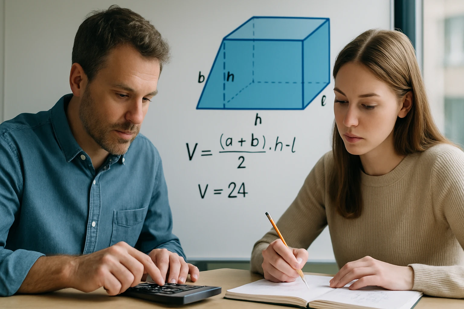 Két ember matematikai feladatot old meg, egy férfi számológépet használ, míg egy nő jegyzetel.