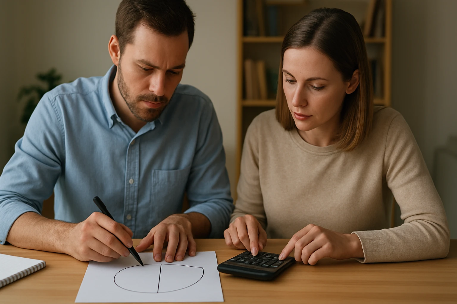 Két ember matematikai feladatot old meg, az egyik rajzol, a másik számológépet használ.