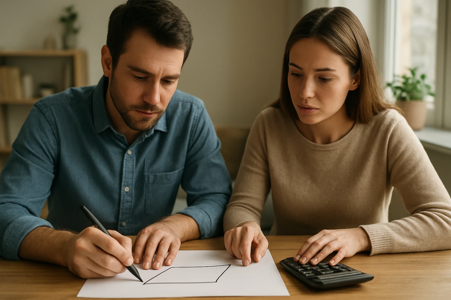 Két ember egy asztalnál, matematikai feladatot oldanak, papíron rajzolnak.
