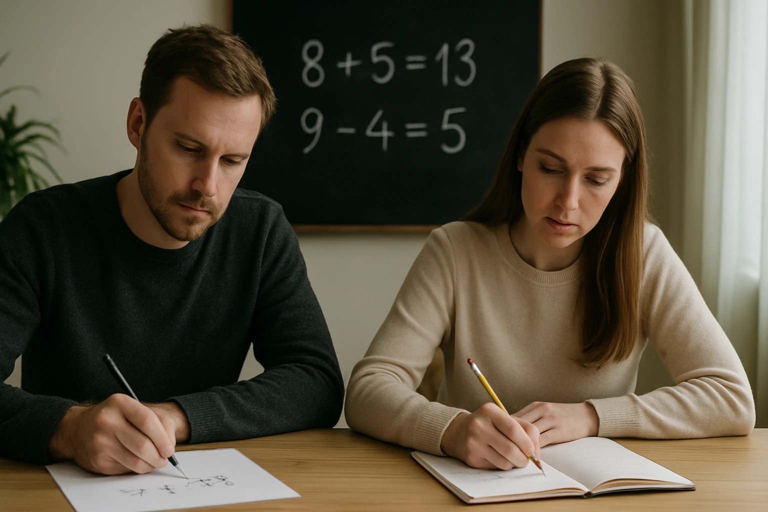 Két ember matematikai feladatokat old meg egy asztalnál, háttérben táblával.