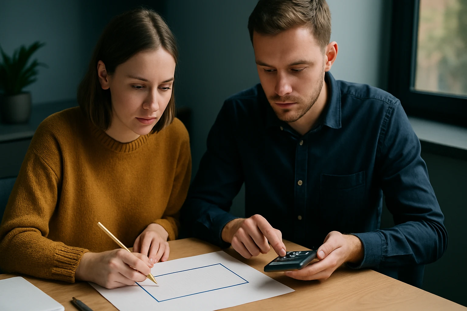Két fiatal, egy nő és egy férfi, matematikai feladatot oldanak meg egy asztalnál.