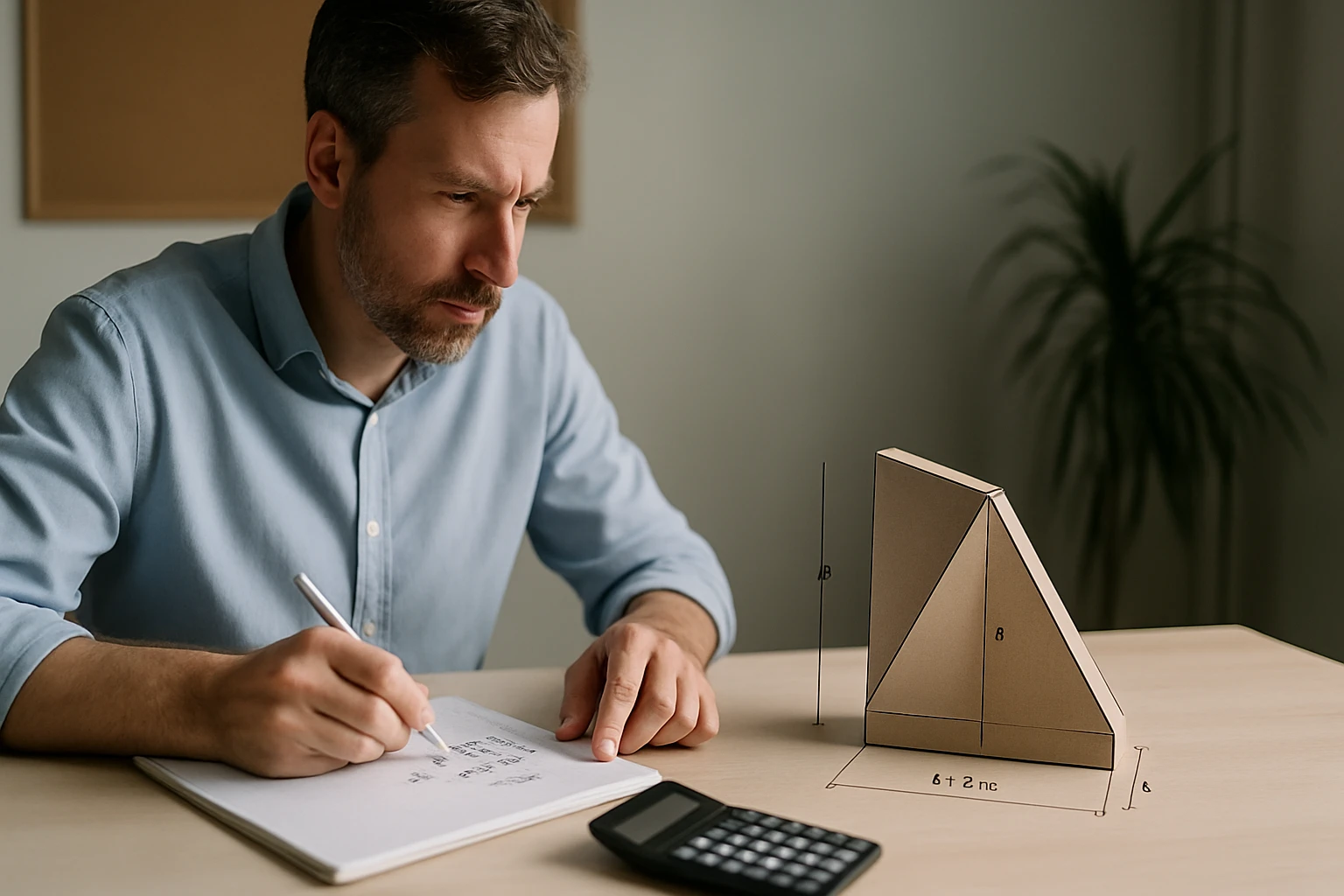 Egy férfi matematikai feladatot old meg, papíron számol, mellett egy háromszög alakú modell.