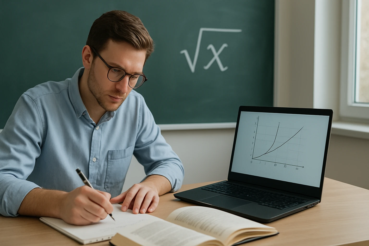 Egy fiatal férfi matematikai feladatokat old meg, laptopja mellett ülve.