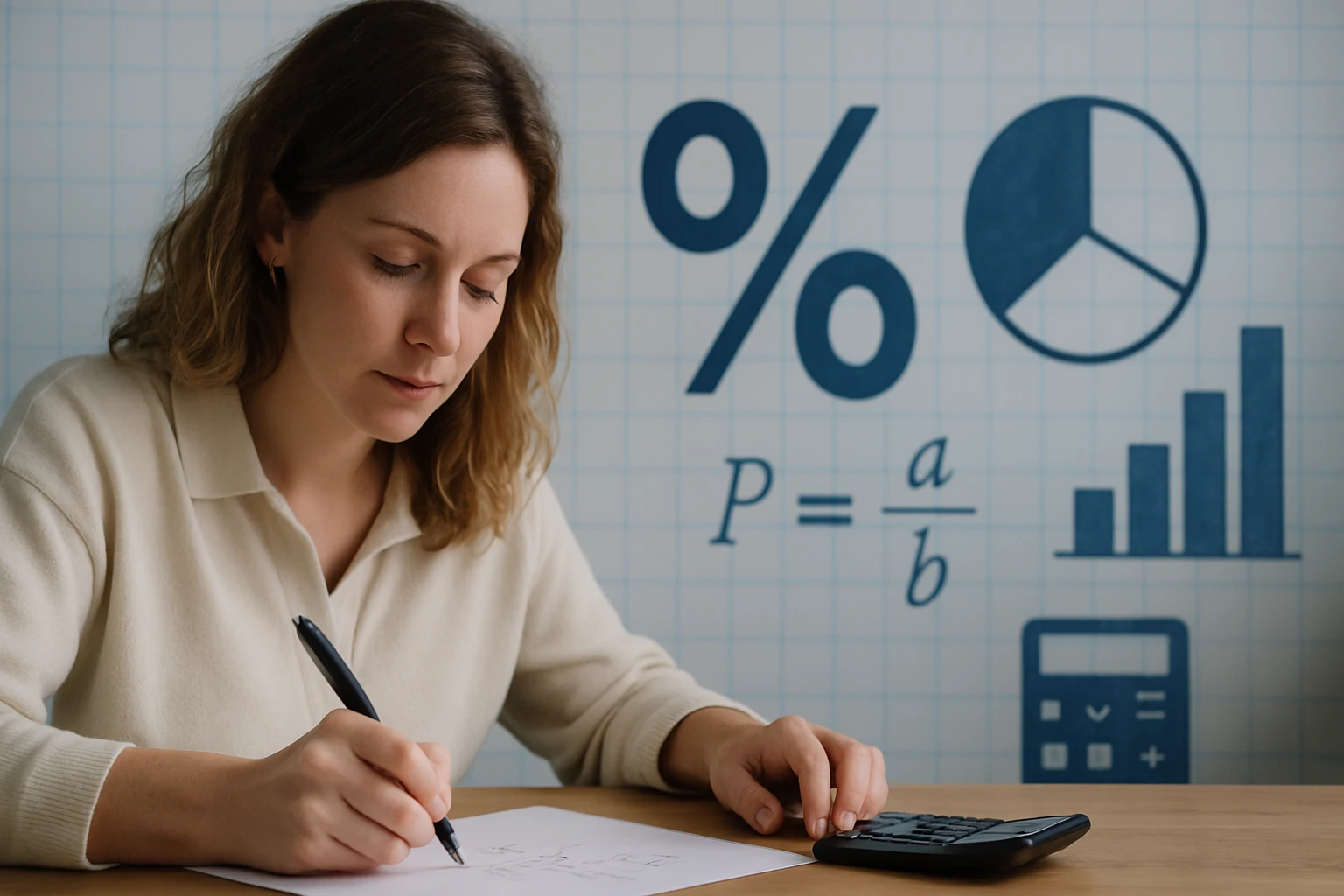 Egy nő matematikai feladatokat old meg papíron, háttérben grafikonokkal.