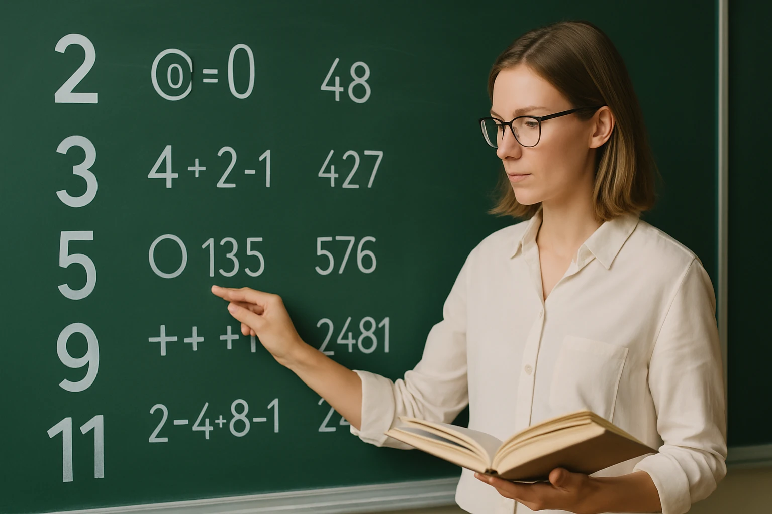 Egy nő a táblán lévő matematikai feladatokat mutatja, könyvet tart a kezében.